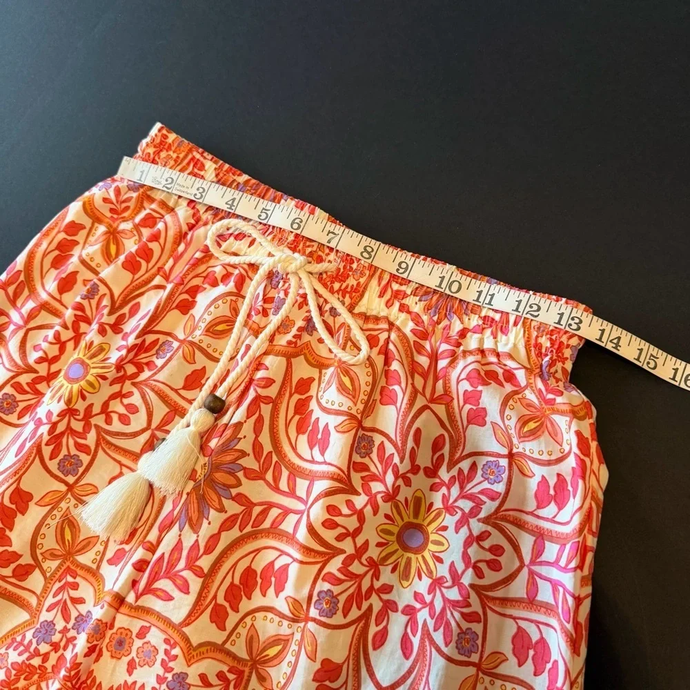 Olivaceous boho print orange wide leg pull up elastic waist cotton pants, sz S